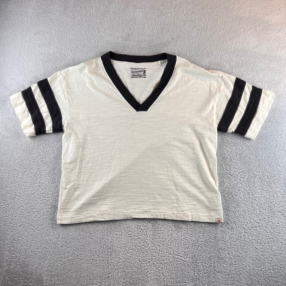 Faherty Sunwashed Organic Cotton V-Neck Striped Sleeve Crop Tee Cream Medium